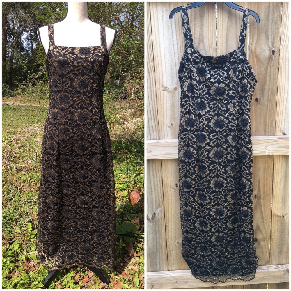 90’s Vintage Black & Gold Lace Sleeveless Dress 10